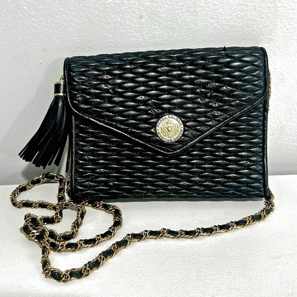 Vintage French Evening bag Pierre Balmain Black Leather Quilted Gold Strap Purse